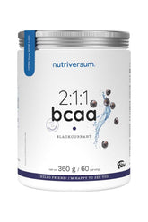 Nutriversum 2:1:1 BCAA supplement in blackcurrant flavor, vegan, sugar-free, lactose-free, 360g tub.